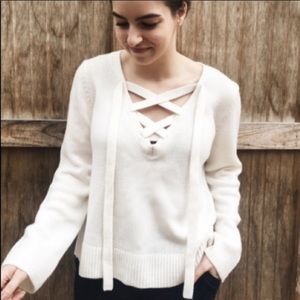 Ann Taylor Cream Cashmere & Wool Lace Up Sweater